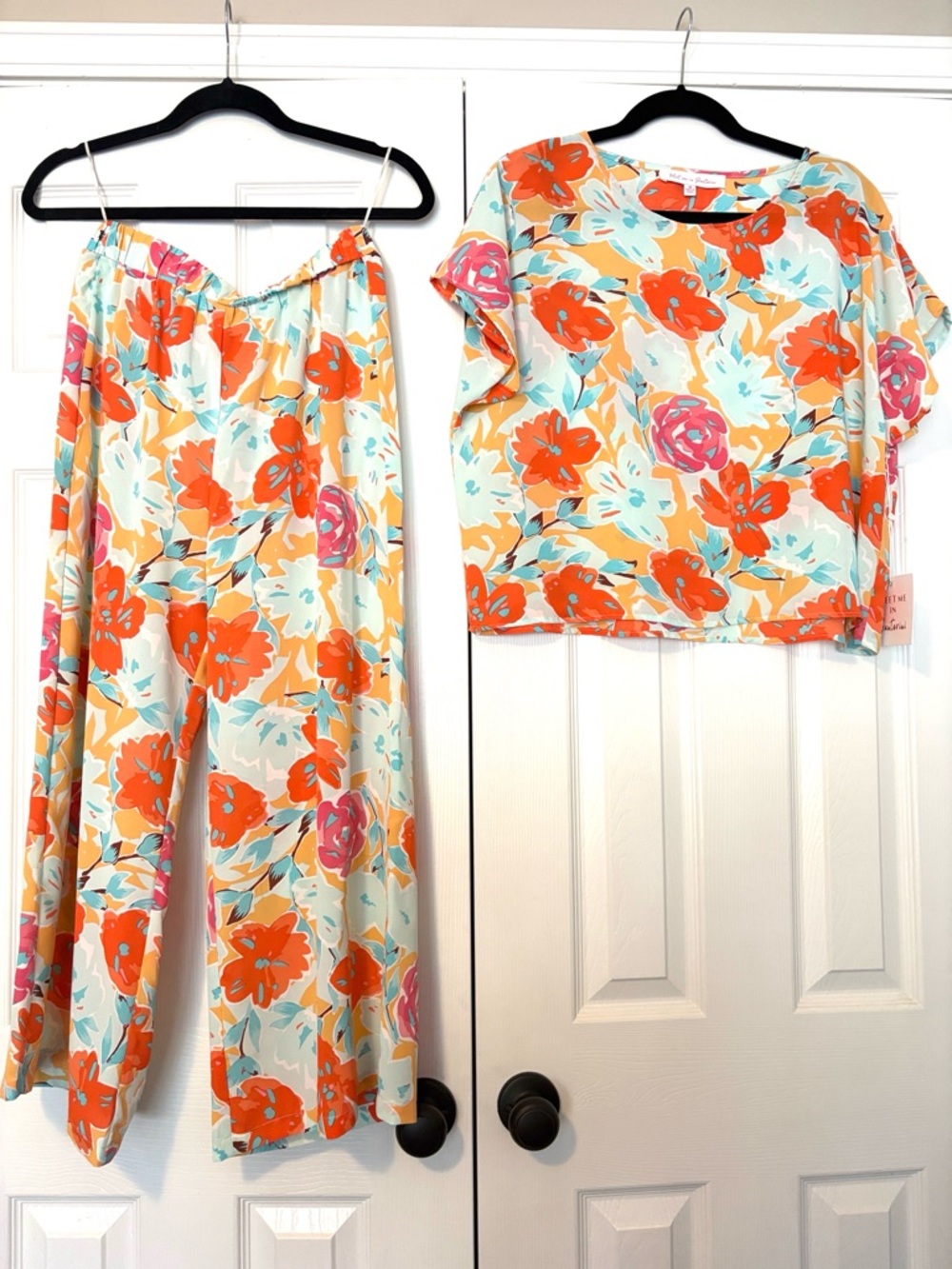 Floral Wide-Leg Pant Set in Orange & Cream